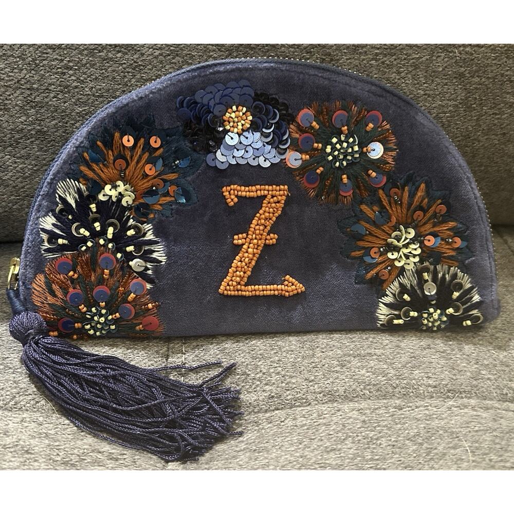 Anna Harlow Russo x Anthropologie Blue Velvet Sequined Monogram Z Crescent Pouch